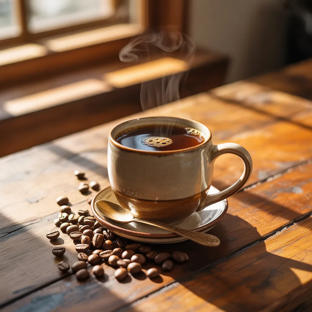 Höyryävä kahvikuppi puupöydällä